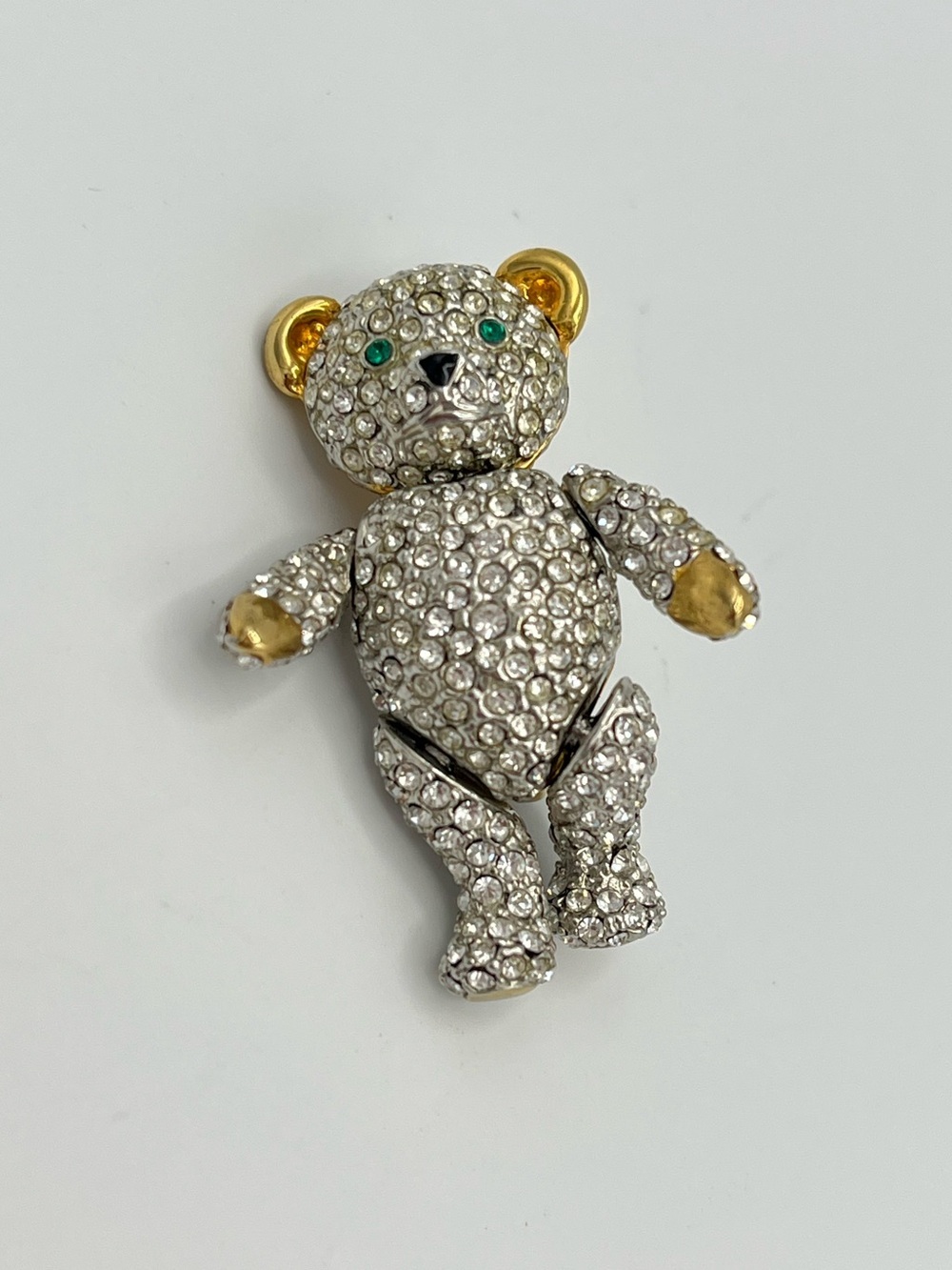 Vintage Articulated Pave Rhinestone Teddy Bear Brooch Pendant Pin Unsigned 🧸